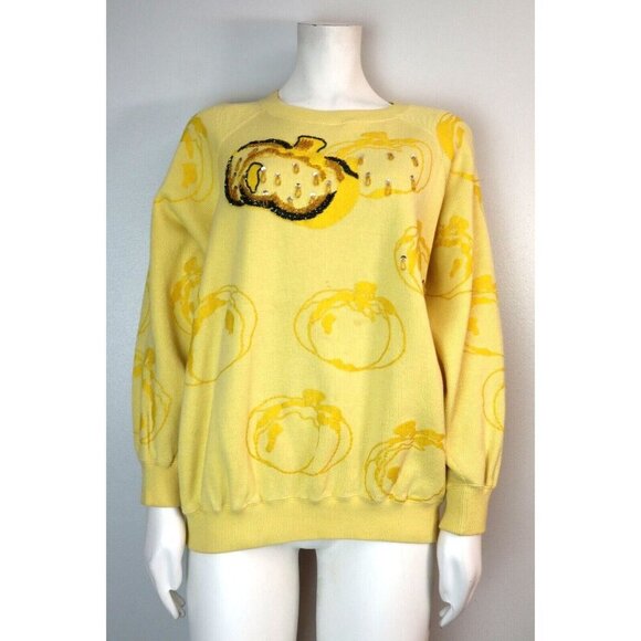 VINTAGE FALL AUTUMN YELLOW SWEATER - PUMPKINS BEADED DETAIL - SIZE M - Picture 1 of 7